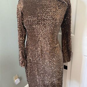 Sequin Long-Sleeve Bodycon Dress in Brown